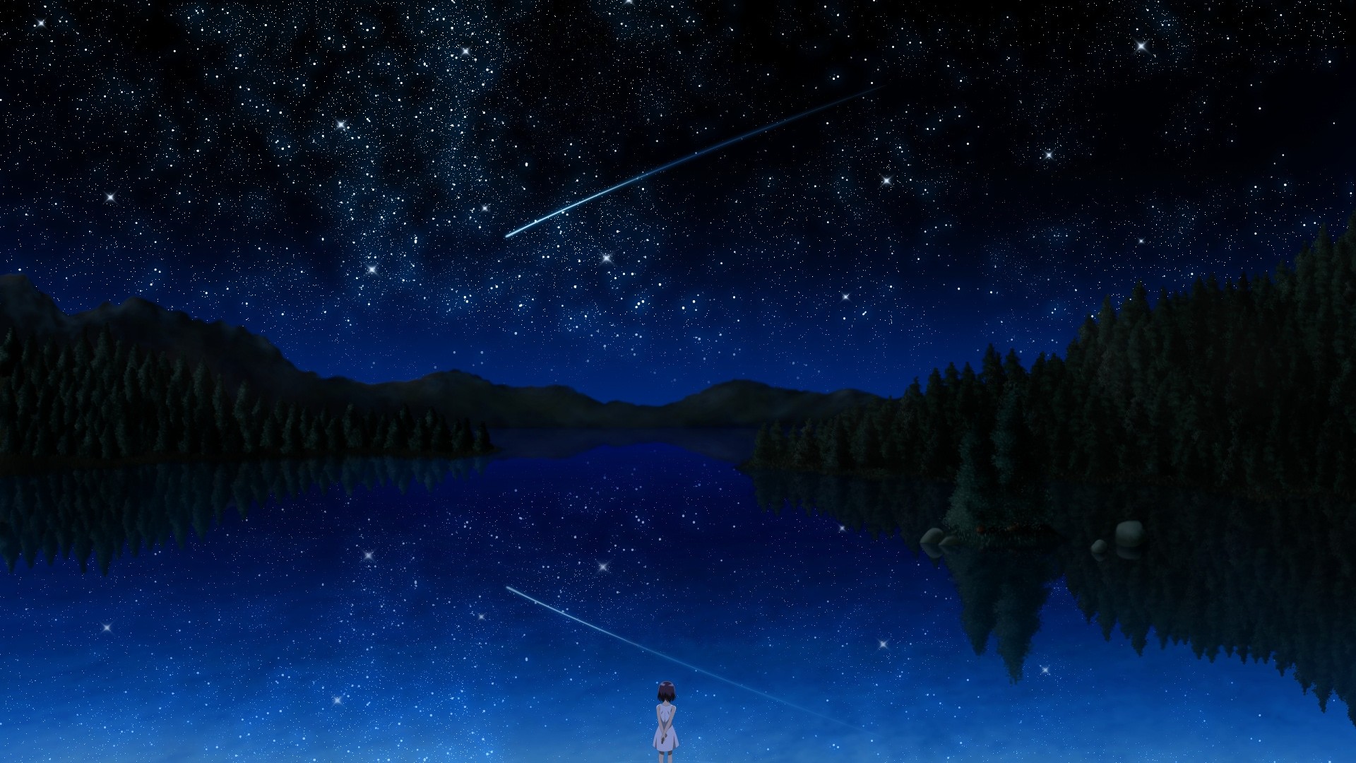 黑夜,天空,星星,小女孩,森林,湖,动漫电脑高清壁纸