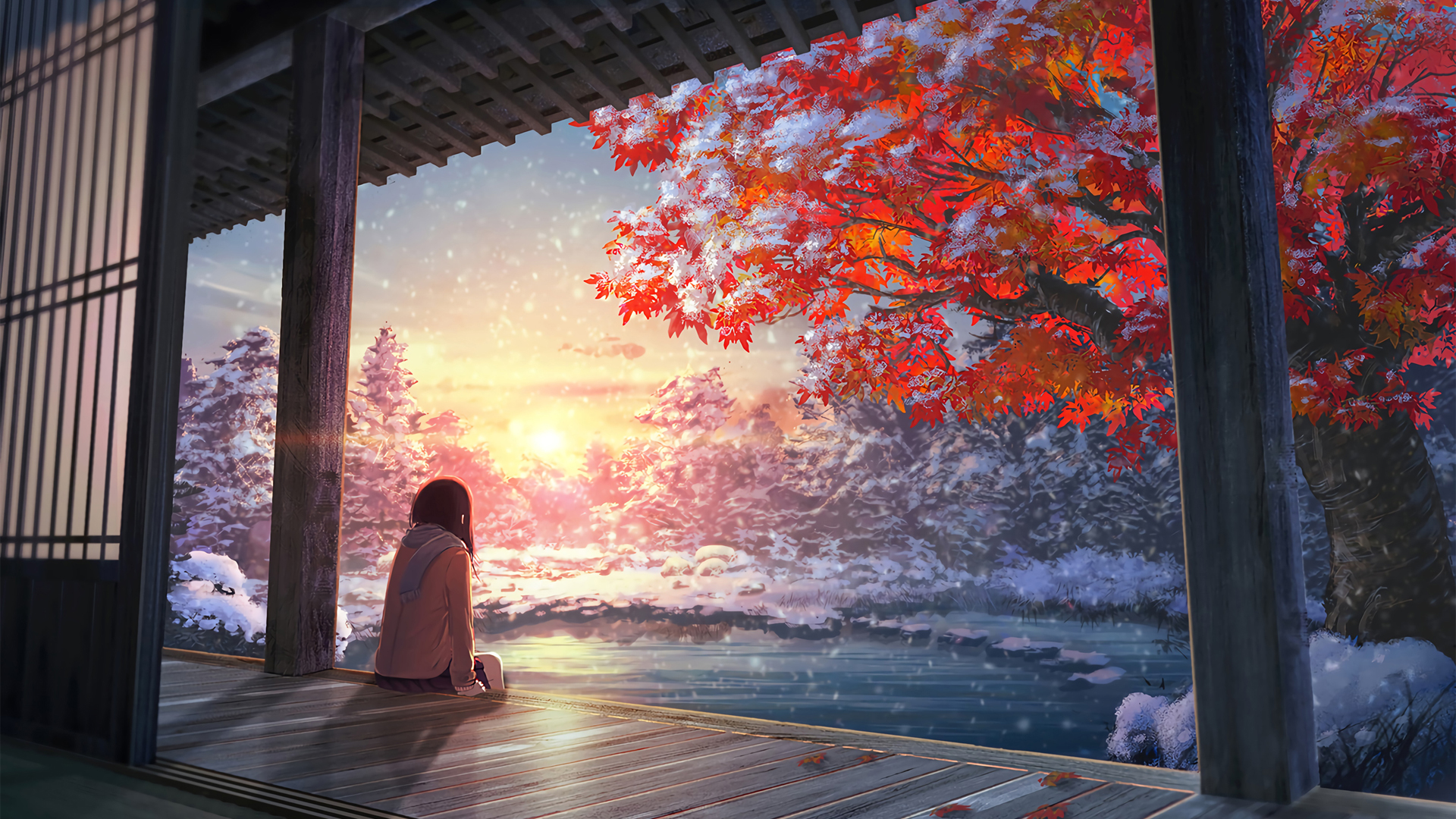 女孩 围巾 冬天风景 外廊 夕阳 晚霞 唯美动漫风景高清壁纸