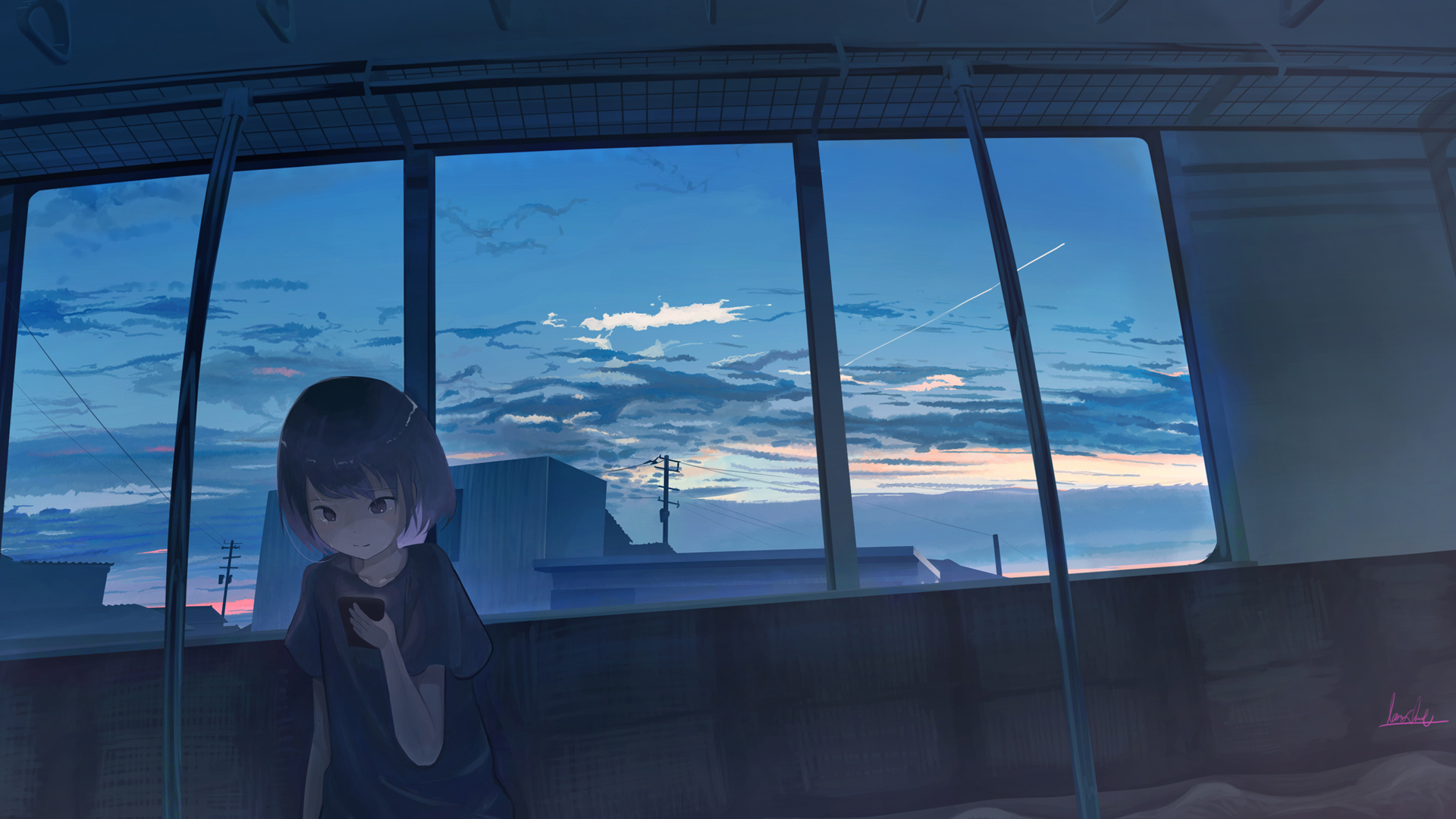 女孩子 回家 手机 晚霞 夕阳 动漫高清壁纸