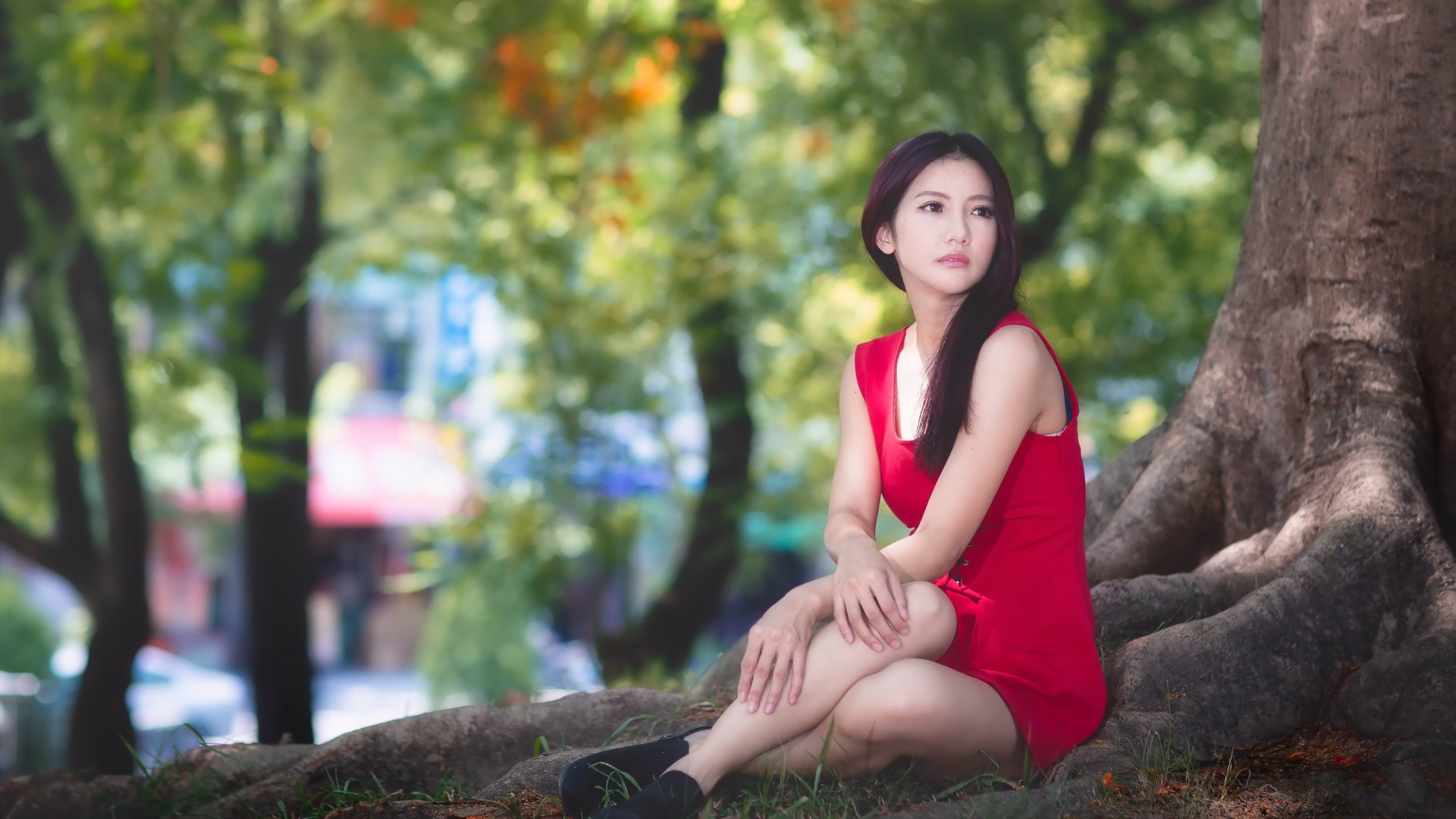 公园,树林,红衣美女,气质,桌面高清壁纸