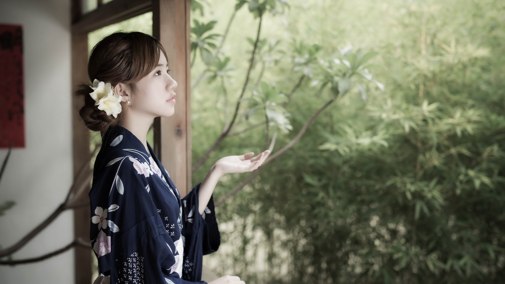美女 院子 树林 美女高清壁纸