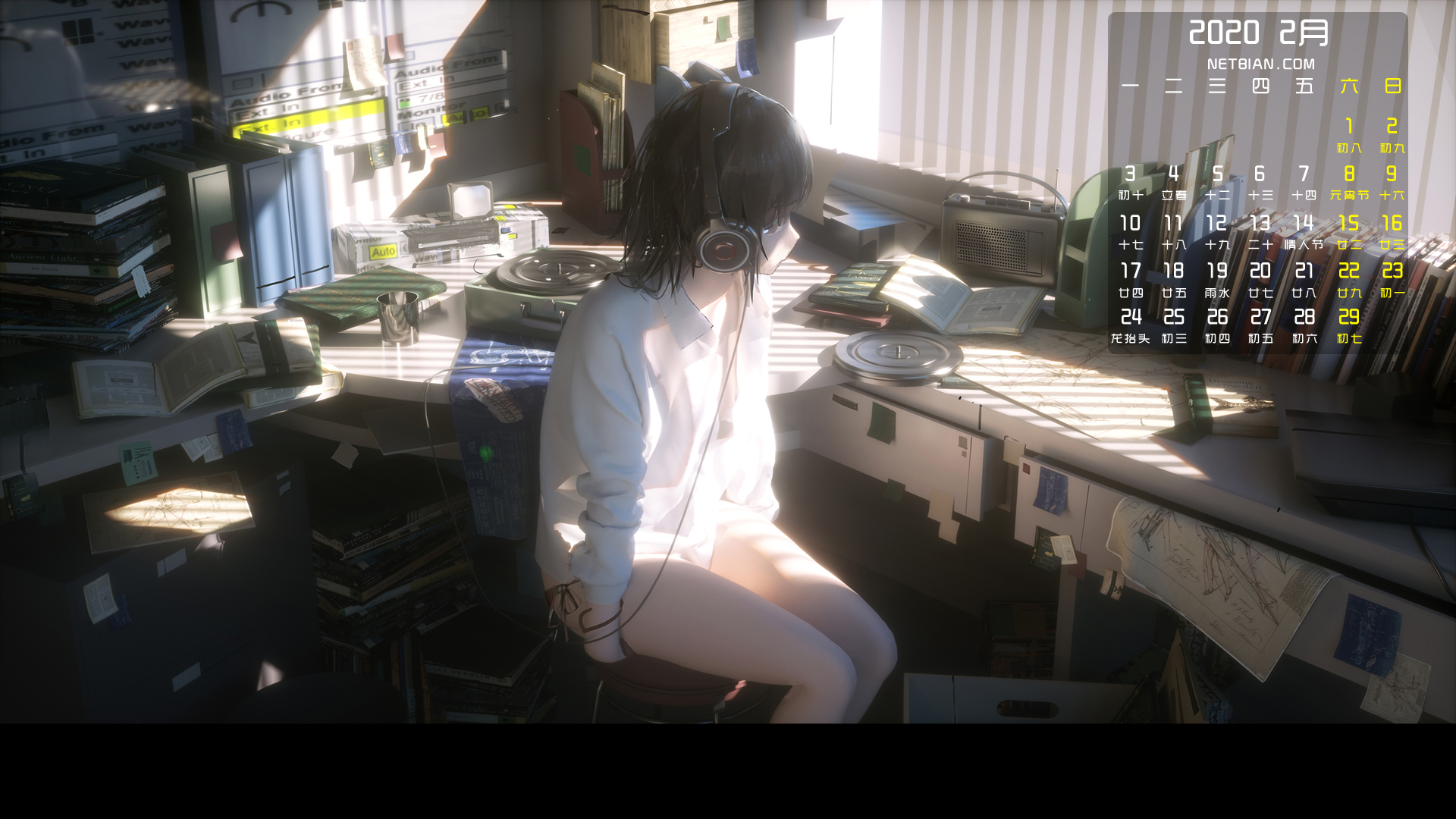 听音乐的少女2020年2月日历动漫桌面高清壁纸