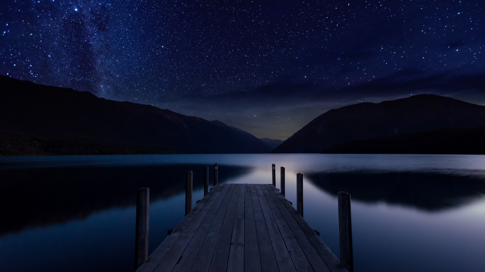 夜晚，天空，星星，湖，码头，宁静，风景桌面高清壁纸