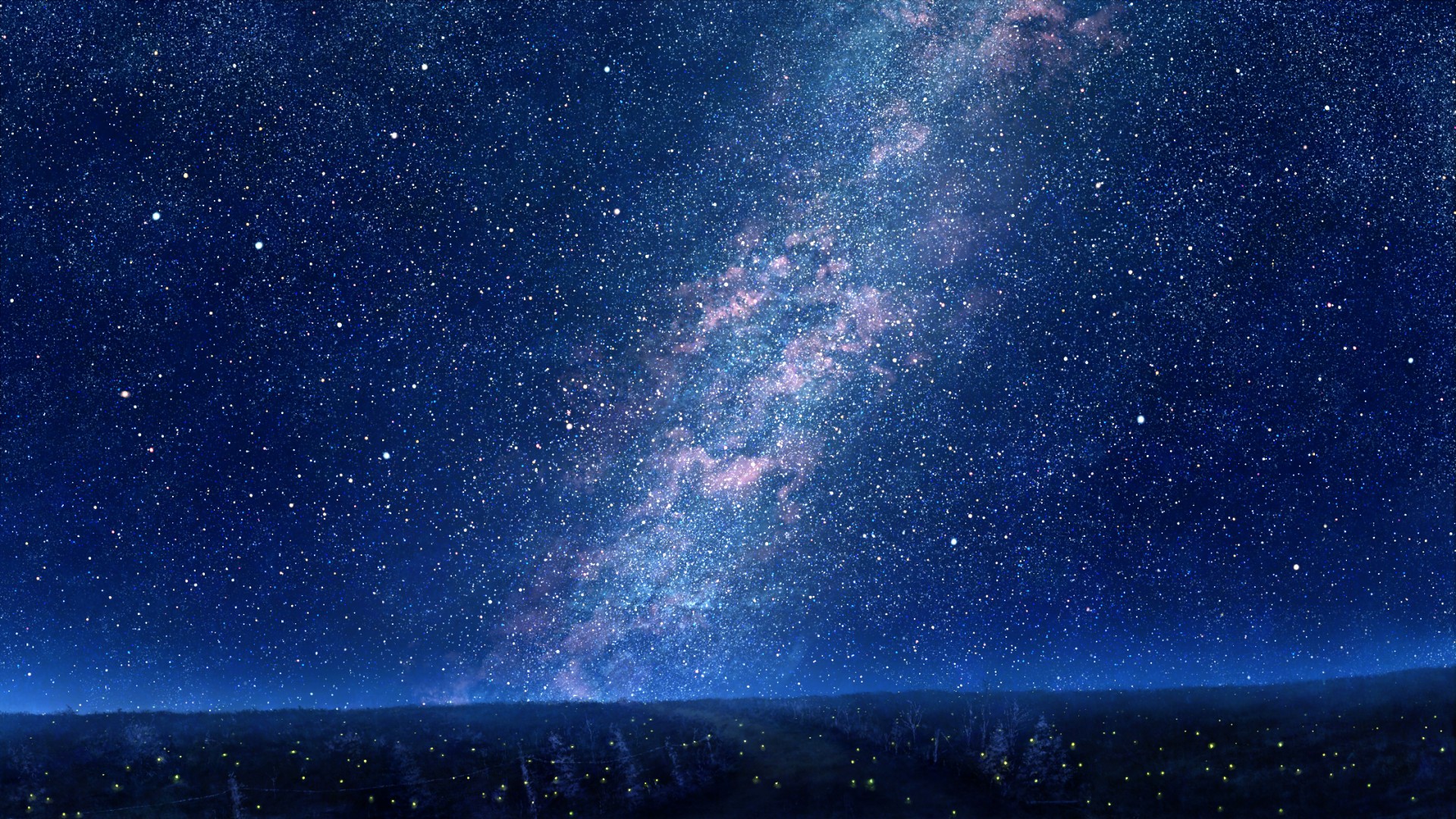 星星,蓝色天空,夜晚,树木,梦幻星空高清壁纸
