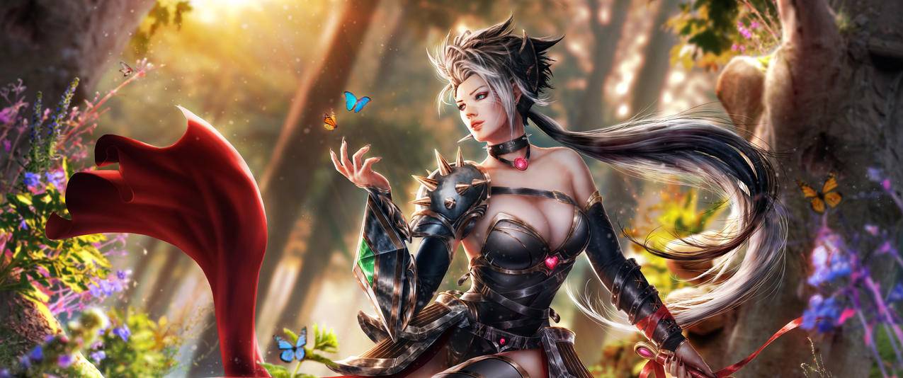 精灵森林蝴蝶唯美女孩带鱼屏高清壁纸