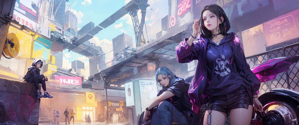 赛博朋克 城市街道动漫女孩 摩托车 3440x1440带鱼屏高清壁纸