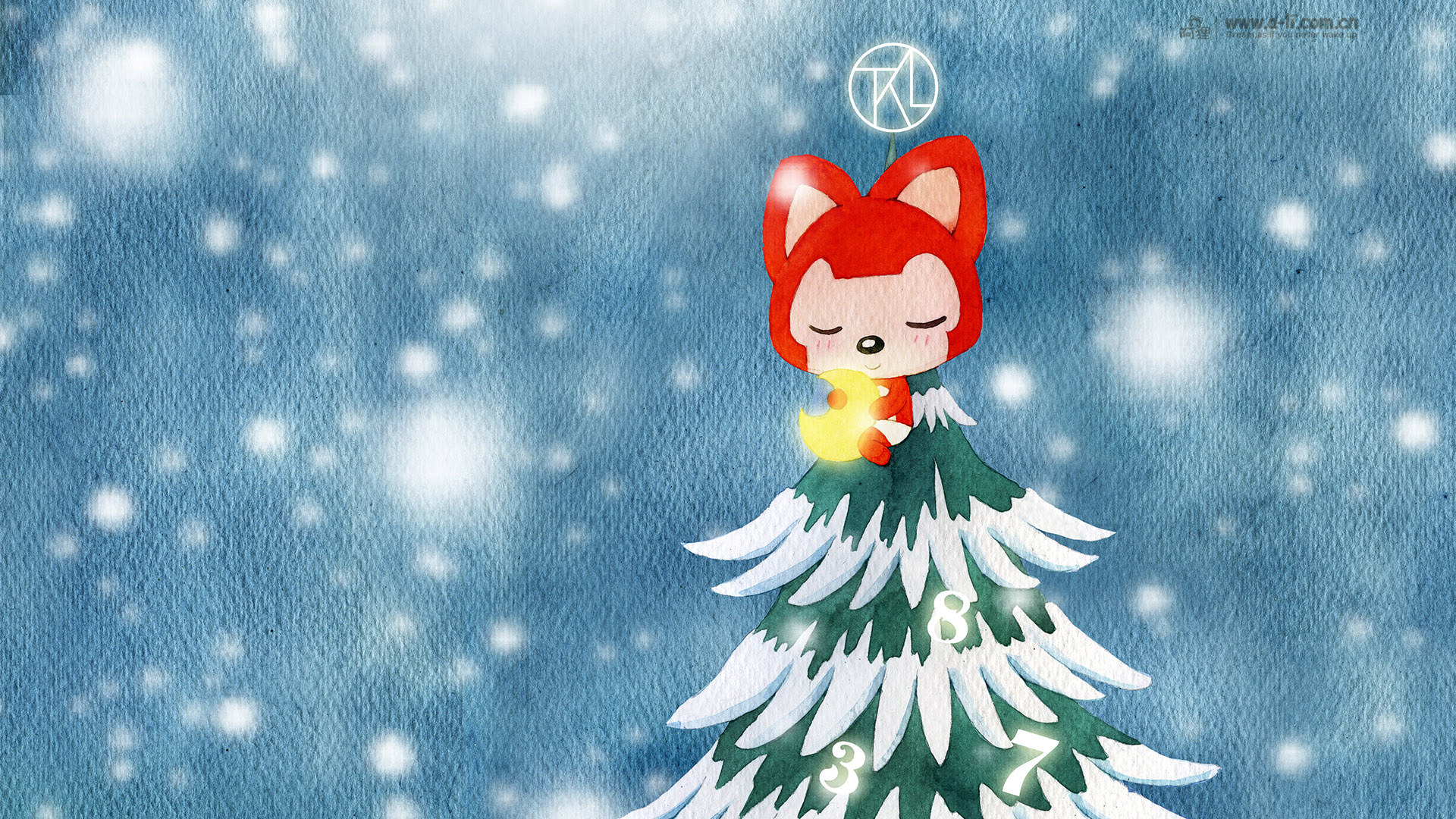 阿狸,天空下的童话,圣诞节,Merry Christmas,下雪,松树,温馨,冬天,高清壁纸