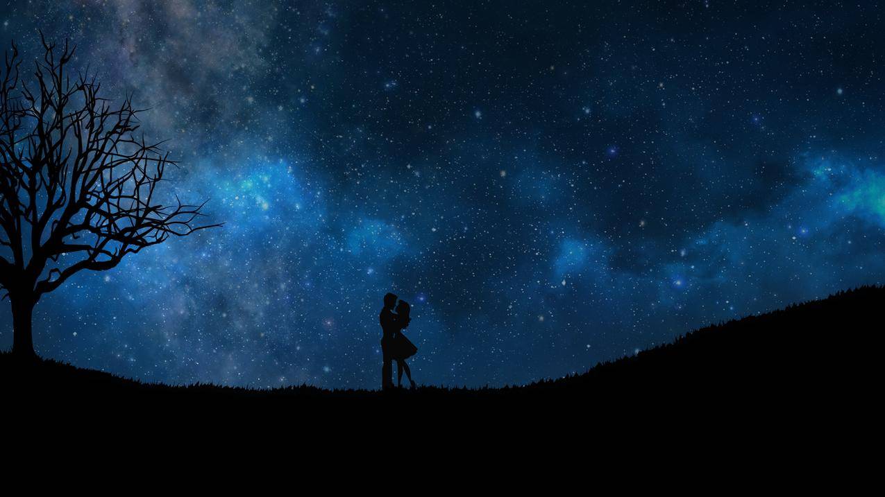 夜晚星空浪漫夫妇剪影4k高清壁纸