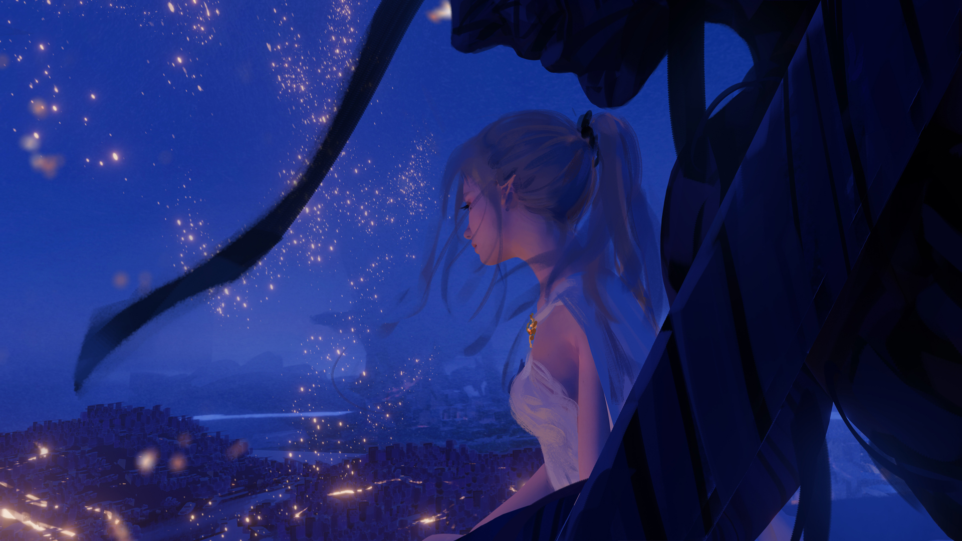 唯美侧面女孩 星空 夜晚风景动漫高清壁纸