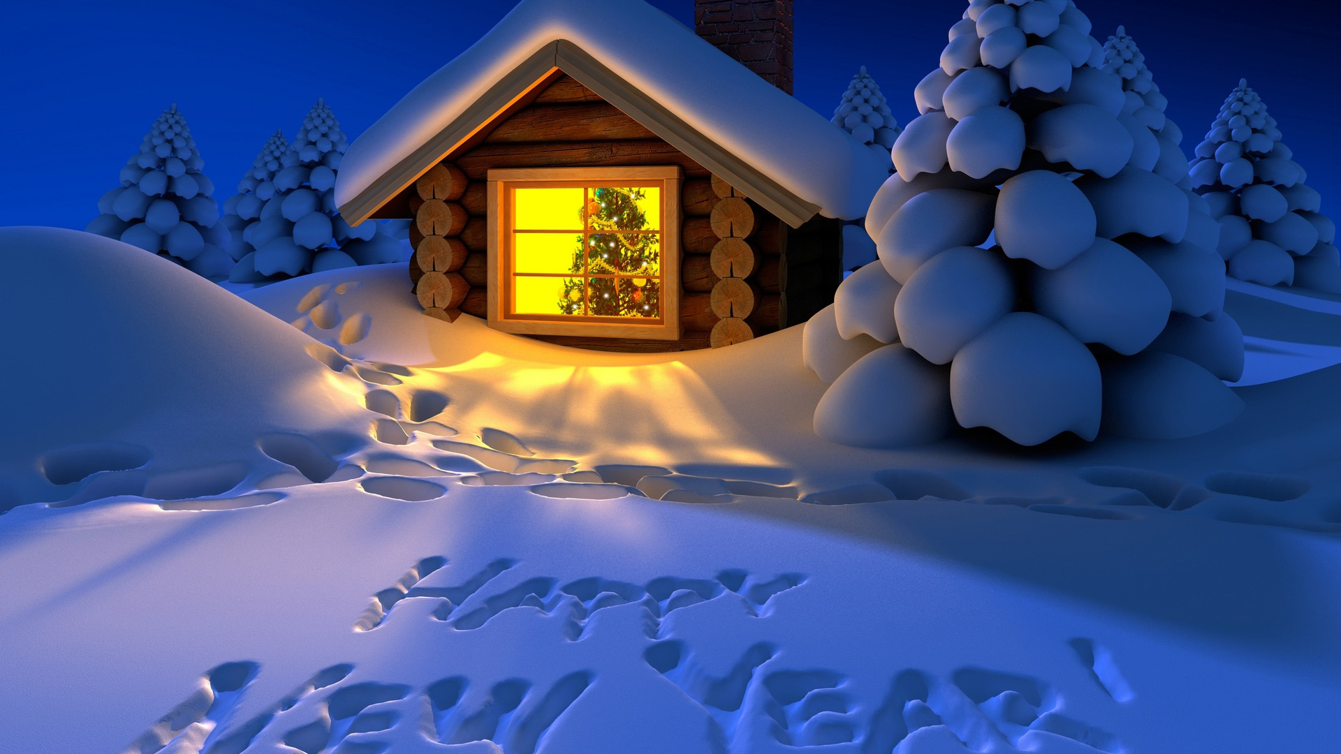 雪中小屋,圣诞树,灯光,新年快乐桌面高清壁纸