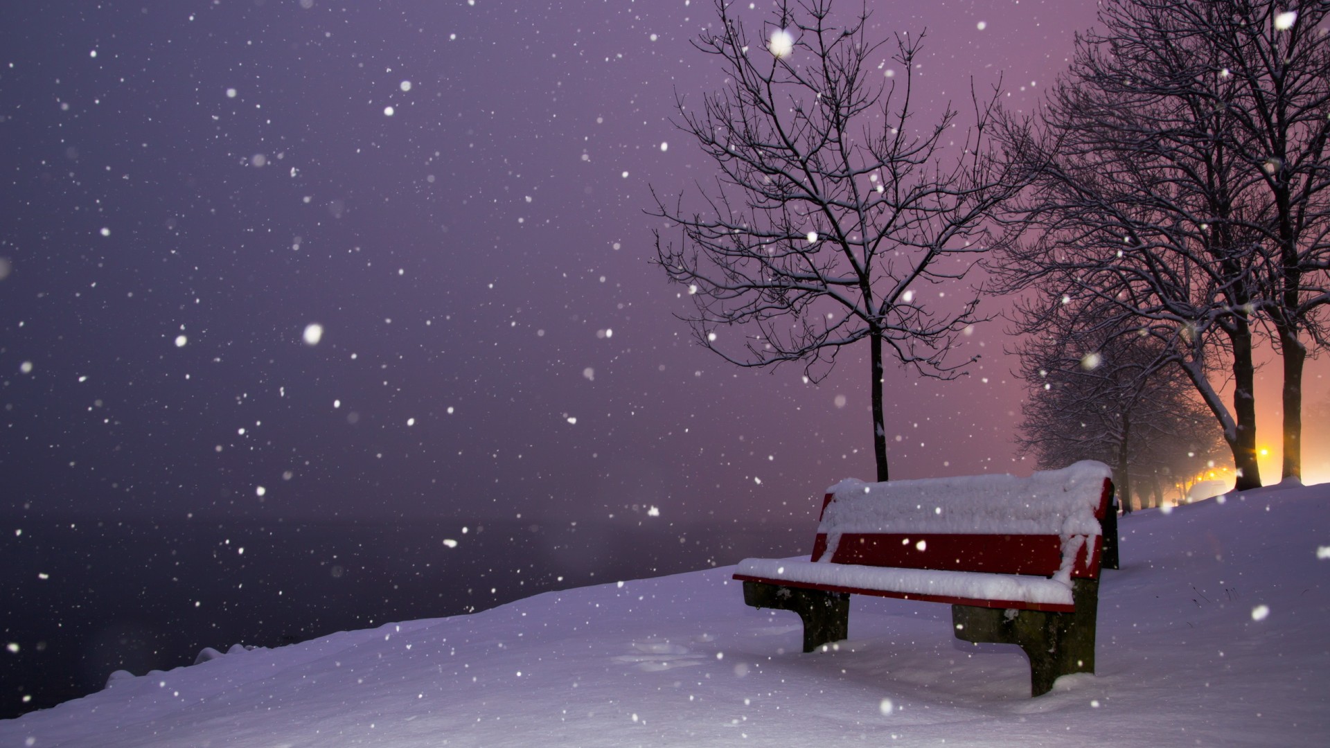 晚上,长凳,雪,雪花,冬天风景电脑高清壁纸