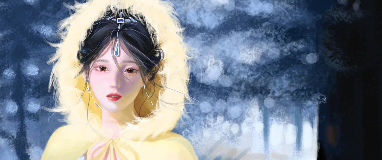 巴图BaTu 雪地 披风 公主 蓝裙 3440x1440带鱼屏高清壁纸