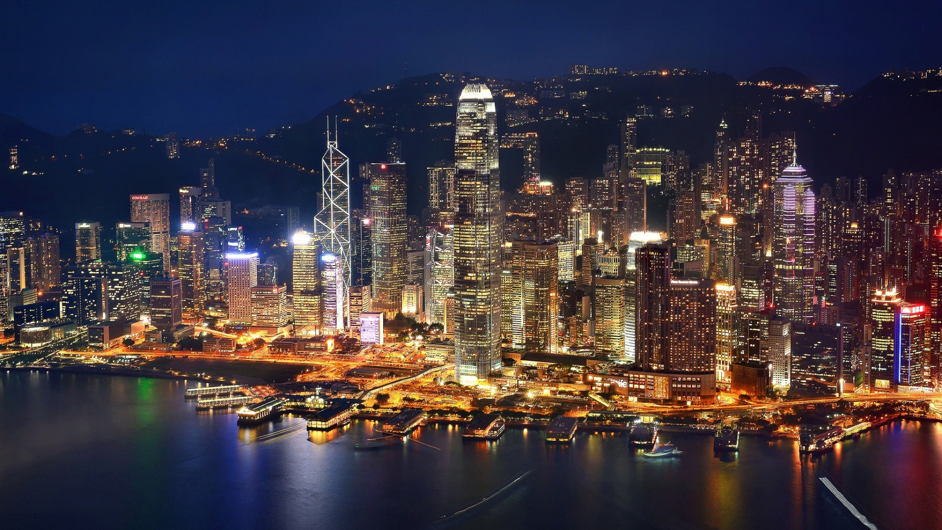 香港,夜晚降临,城市夜景风景桌面高清壁纸