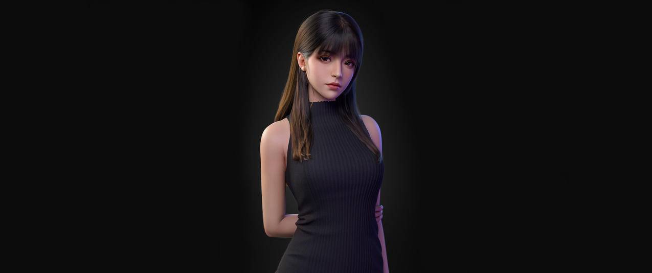 3D 美女 长发 黑色毛衣裙 3440x1440 带鱼屏 高清壁纸