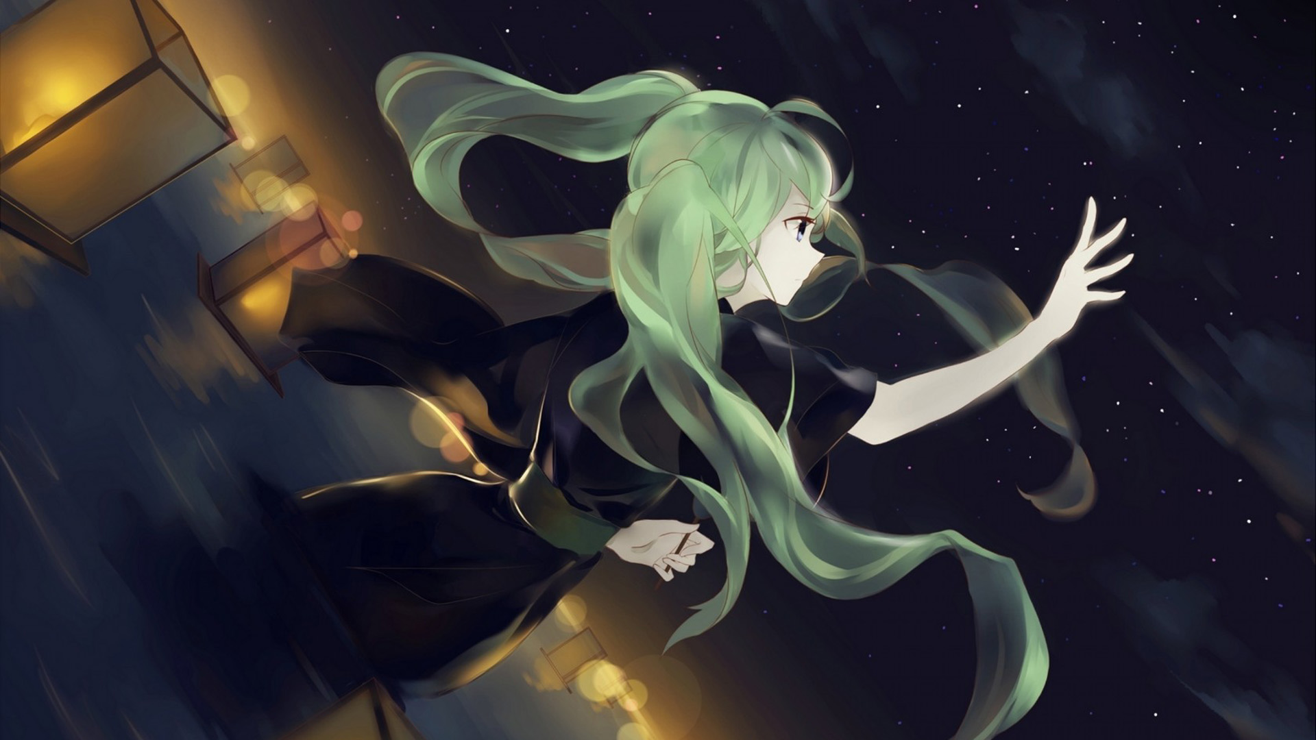 初音未来,女孩,晚上,星星,梦幻高清壁纸