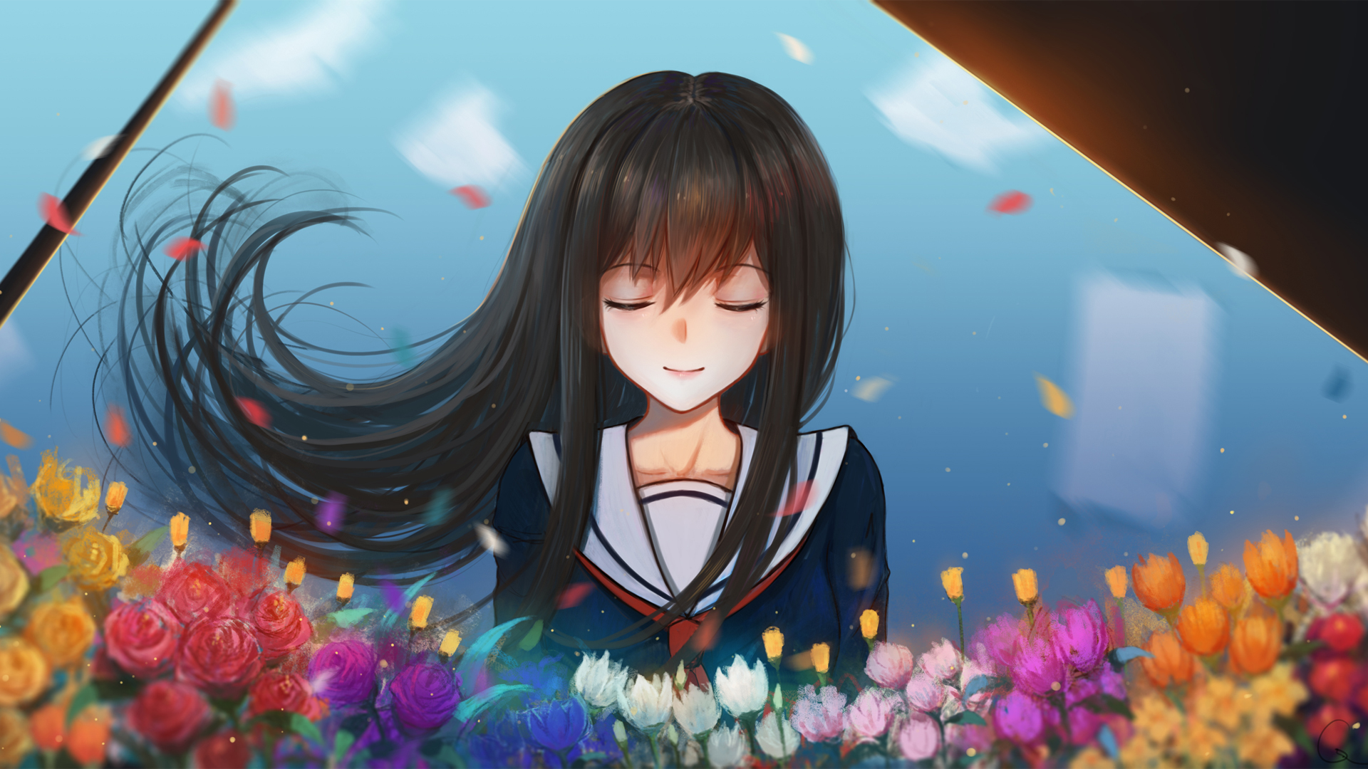 女孩子 花  插画 唯美动漫高清壁纸
