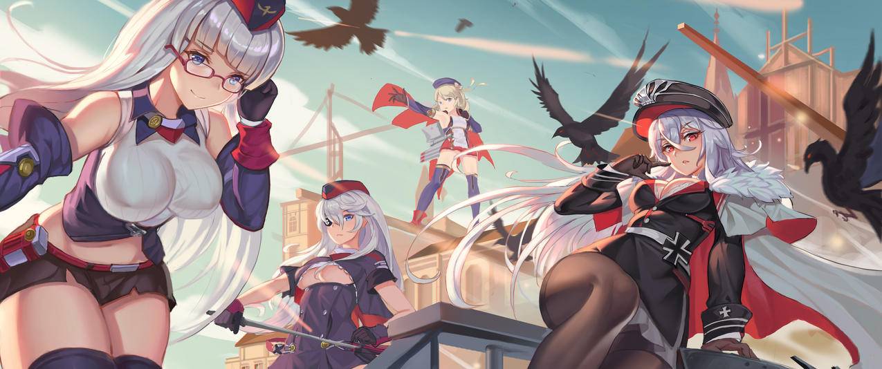 长头发少女手套短裤裙制服武器剑动漫带鱼屏高清壁纸
